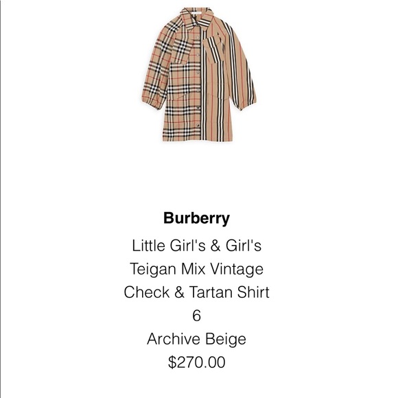 NWT Burberry Girl’s Dress, 6Y Kids